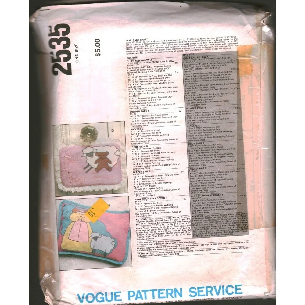 Vogue 2535 Baby Craft Sewing Pattern Quilt Diaper Bag High Chair Cover Infant